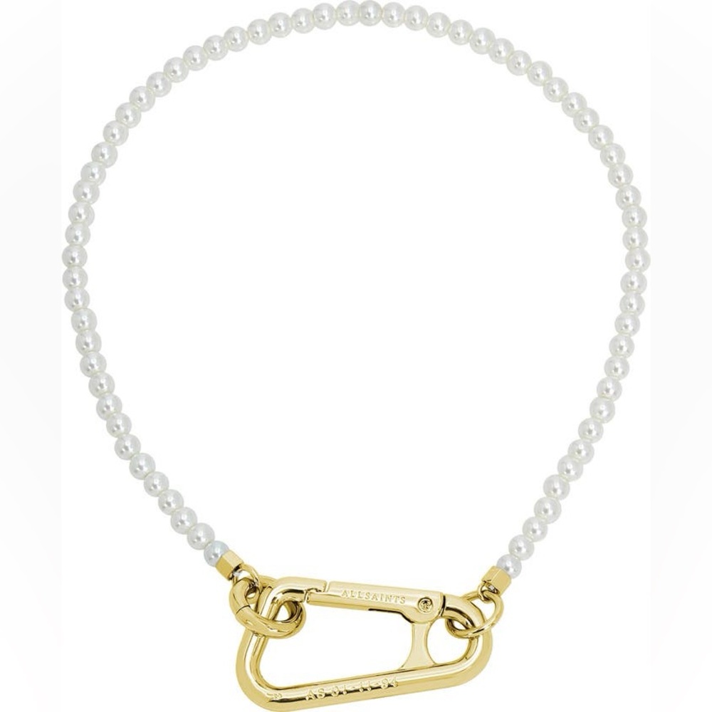 AllSaints Imitation Pearl Carabiner Collar Necklace Gold NWT